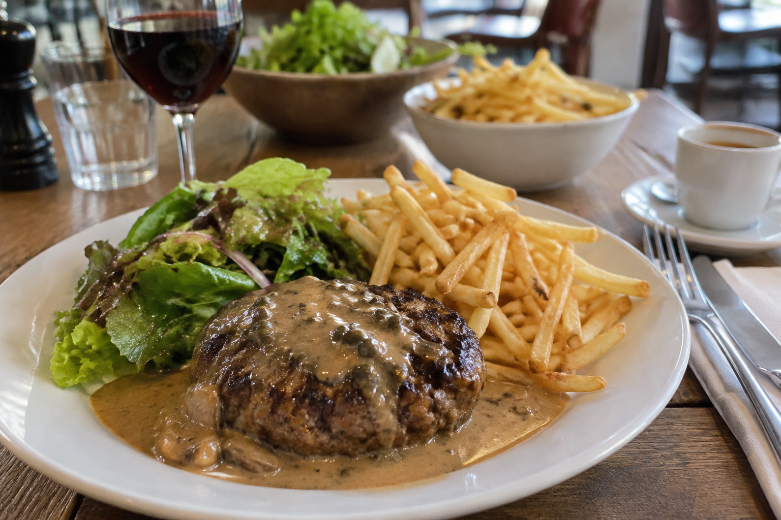 ambiance du déjeuner : plat, frites, salade, vin et café
